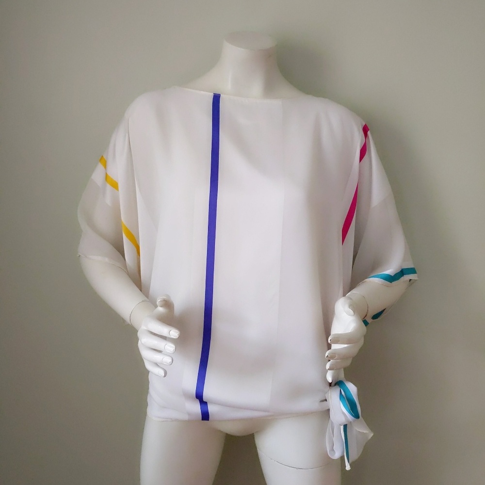 Vtg 80s Siasia Stripe Batwing Side Tie Blouse S